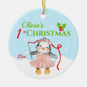 Baby's 1st Christmas Pink Ballerina Penguin Photo Ceramic Ornament