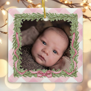 Baby's 1st Christmas pink gingham photo Ceramic Ornament