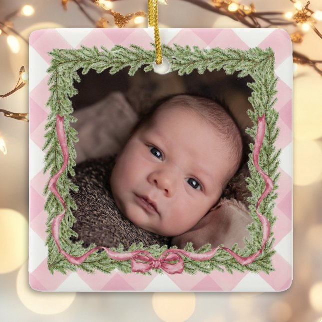 Baby's 1st Christmas pink gingham photo Ceramic Ornament (Creator Uploaded)
