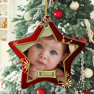 Baby's 1st Christmas Red and Gold Photo Frame Star Ceramic Ornament