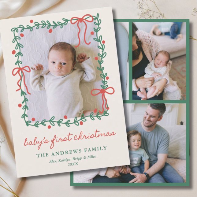 Baby's 1st Christmas Red Bows Greenery 4 Photo Holiday Card (Baby's 1st Christmas Red Bows Greenery 4 Photo Holiday Card
)