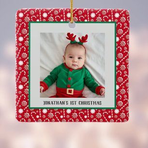 Baby's 1st Christmas Red Peppermint Candy Canes Ceramic Ornament