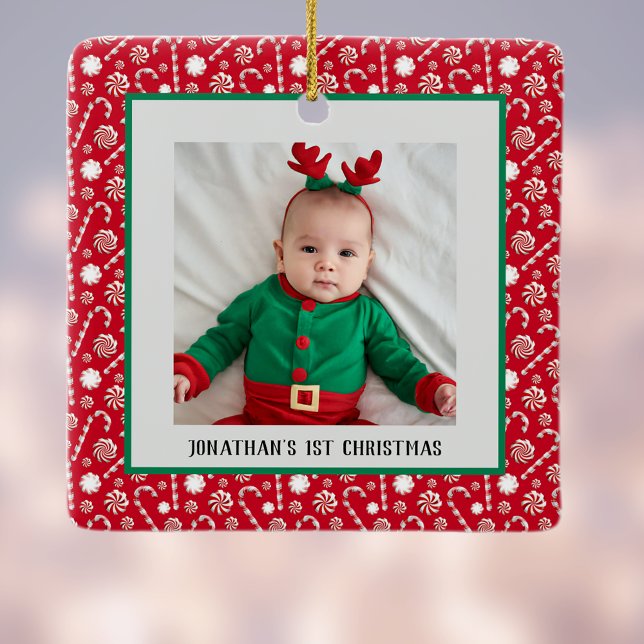 Baby's 1st Christmas Red Peppermint Candy Canes Ceramic Ornament (Creator Uploaded)