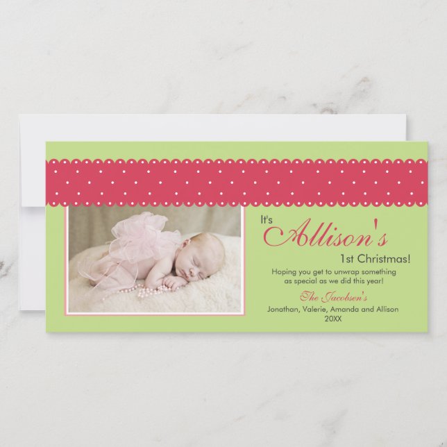 Baby's 1st Christmas Ribbon Photocard (green 2) Holiday Card (Front)