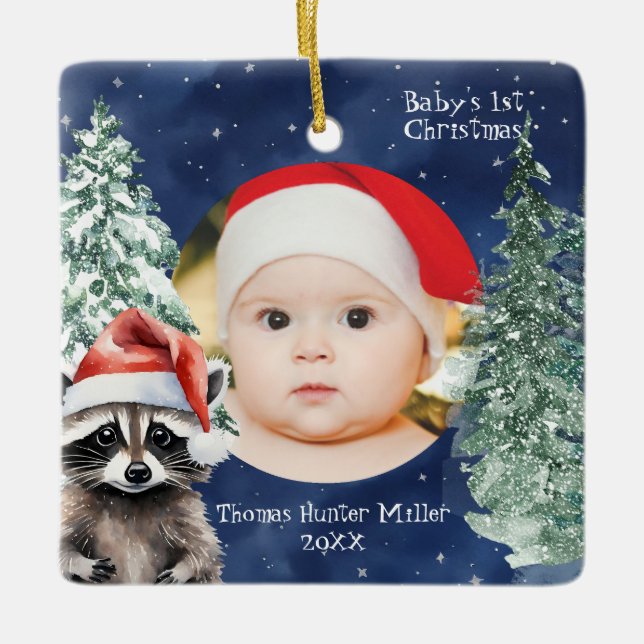 Baby's 1st Christmas Santa Raccoon Ceramic Ornament (Front)