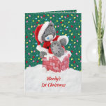 Baby's 1st Christmas, Santa Teddy Bear Holiday Card<br><div class="desc">Baby's 1st Christmas card - Little Santa Teddy Bear climbing out of snowy chimney on the colorful Christmas lights background. You can change font,  color,  size or put your own text.</div>