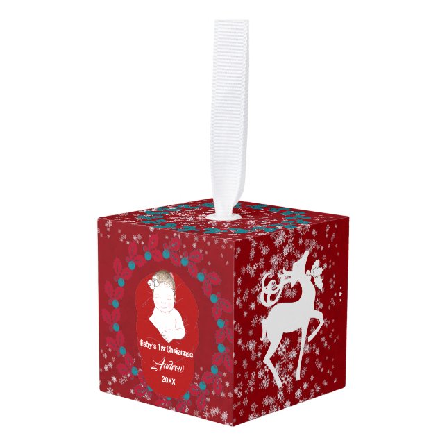 Baby's 1st Christmas Scandinavian Nordic Reindeer Cube Ornament (Front Angled)