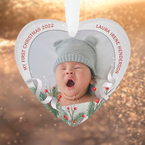 Babys 1st Christmas Silver Holly Pine Frame Photo Ornament