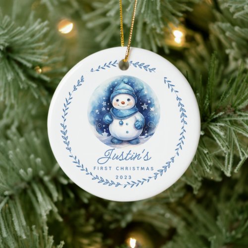 Babys 1st Christmas Snowman 2 Sided Photo Ceramic Ornament