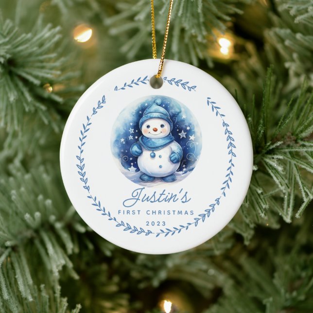 Baby's 1st Christmas Snowman 2 Sided Photo Ceramic Ornament (Tree)