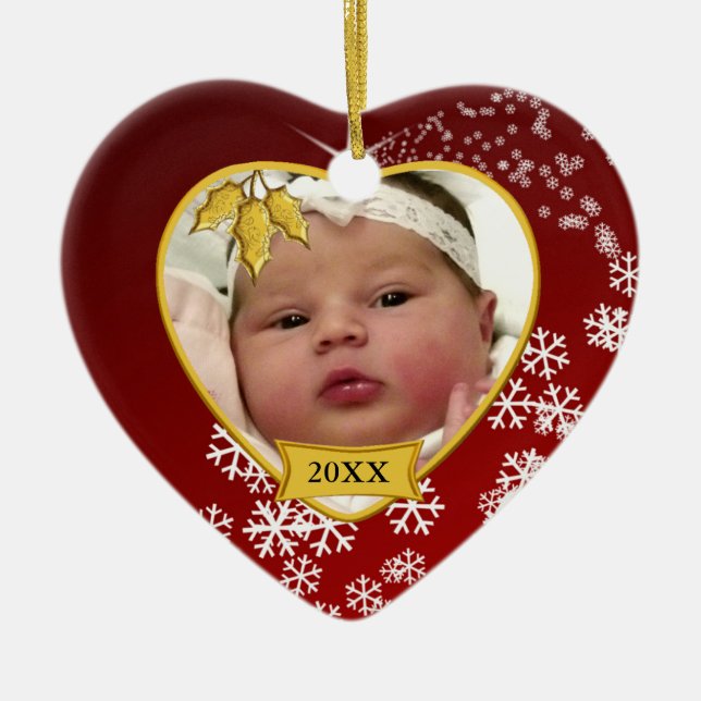 Baby's 1st Christmas Snowy Red Photo Ceramic Ornament (Front)