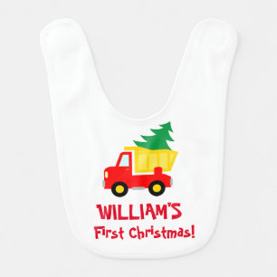 Baby's 1st Christmas tree on red truck custom name Baby Bib
