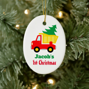 Baby's 1st Christmas tree on red truck custom name Ceramic Ornament