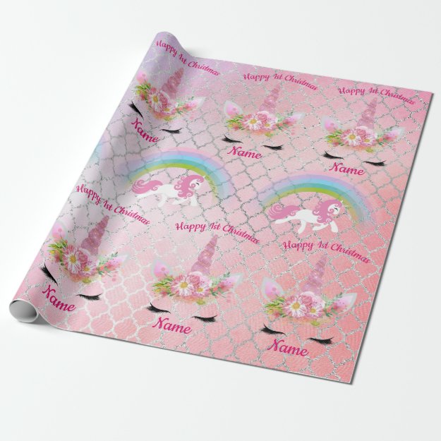 Babys 1st Christmas UNICORNS Sparkly Girls Named Wrapping Paper