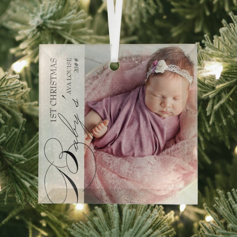 Baby&#39;s 1st Christmas Vertical Photo Snowflake Glass Ornament