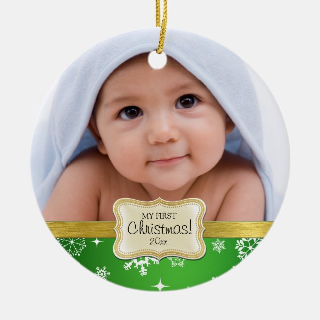 Baby's 1st Christmas. White and Green Snowflakes Ceramic Ornament (Front)
