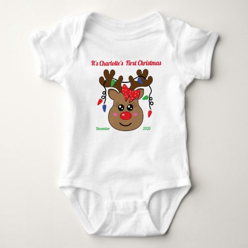 Babys 1st Christmas with reindeer customizable Baby Bodysuit