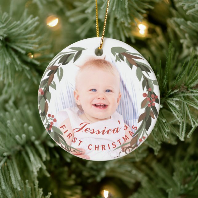 Baby's 1st Christmas Wreath Photo Keepsake Ceramic Ornament (Tree)