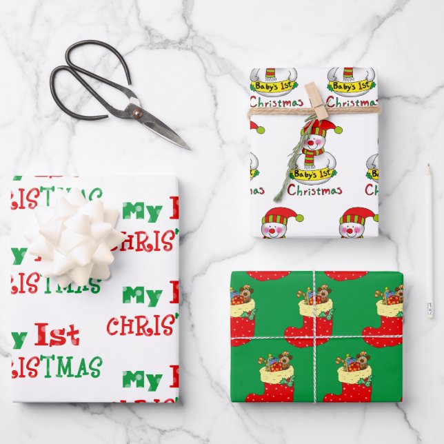 Baby's 1st Christmas, Xmas stocking, baby snowman Wrapping Paper Sheets (Front)