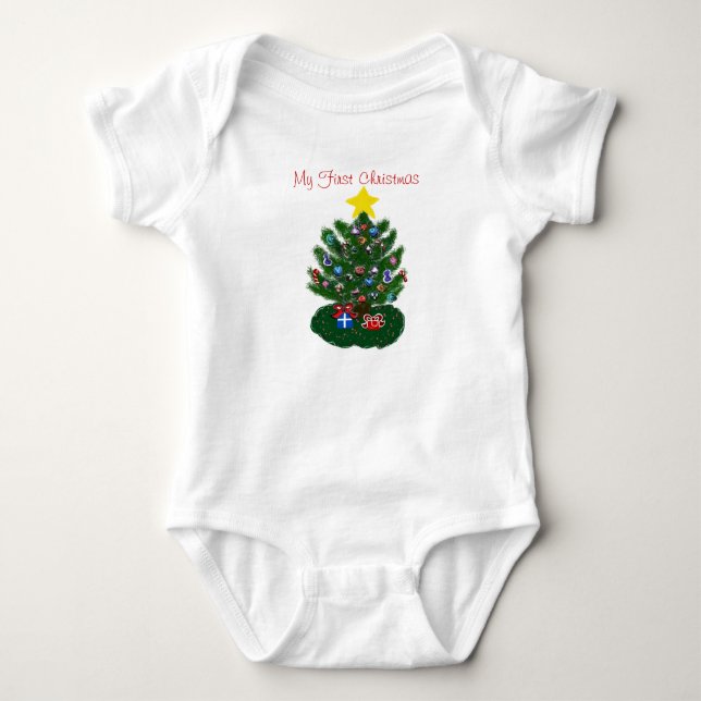 Baby's 1st Christmas Yellow Star Christmas Tree Baby Bodysuit (Front)