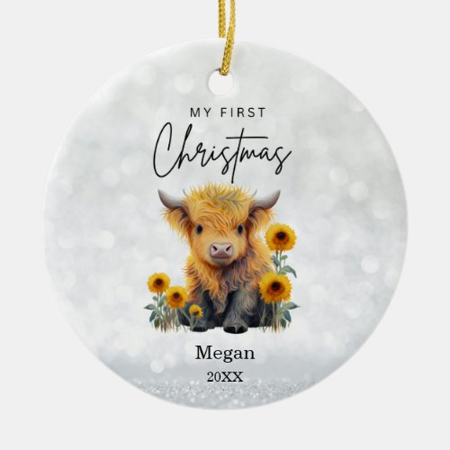 Babys 1st First Christmas Highland Cow Sunflowers Ceramic Ornament