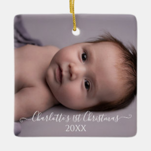 Babys 1st First Christmas Photo Birth Stats Script Ceramic Ornament