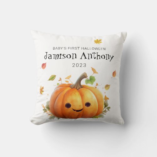 Babys 1st Halloween Cute Pumpkin  Leaves Throw Pillow