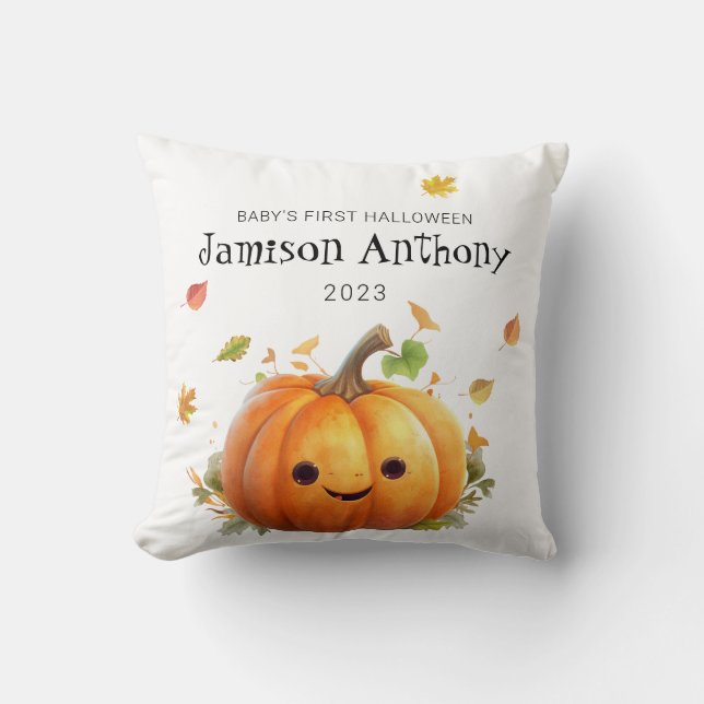 Babys 1st Halloween Cute Pumpkin & Leaves Throw Pillow (Front)
