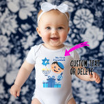 👶🍩 Baby's 1st Hanukkah - with happy Dreidel Baby Bodysuit<br><div class="desc">Baby's 1st Hanukkah. Awesome design with presents,   dreidel,   Star of David with a dove and happy baby wearing Yarmulke.

Wishing you happy Hanukkah!</div>