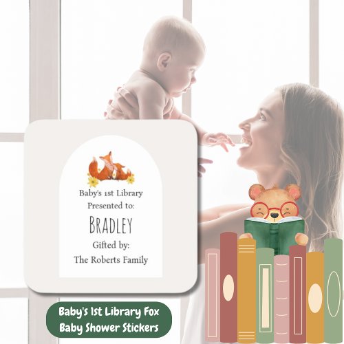 Babys 1st Library Fox Baby Shower Bookplate 