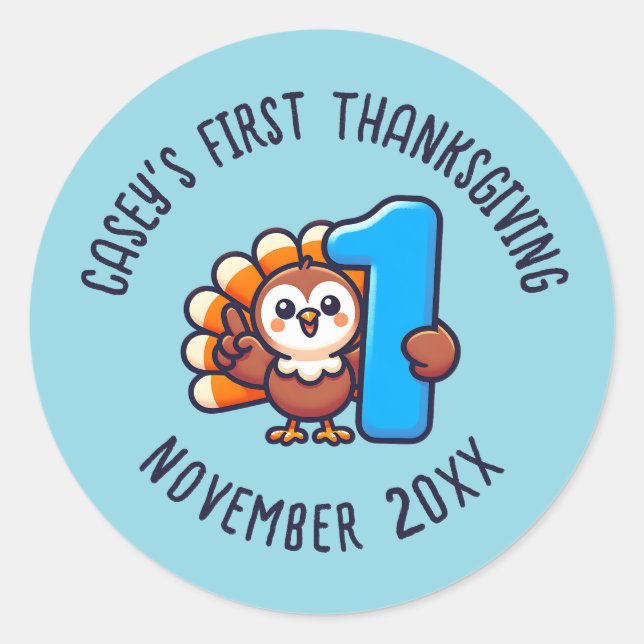 Baby's 1st Thanksgiving Custom Name & Year Turkey Classic Round Sticker (Front)