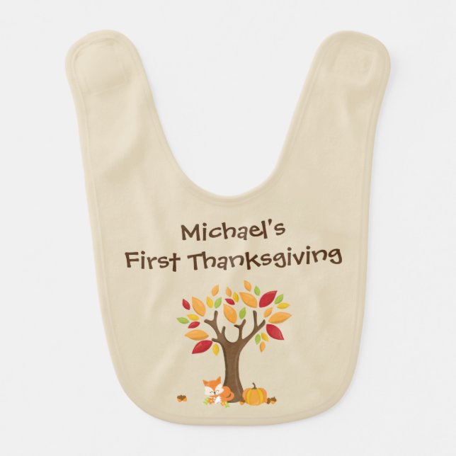 Baby's 1st Thanksgiving with Tree, Fox & Pumpkin  Baby Bib (Front)