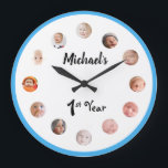 Baby's 1st year 12 month photos birthday large clock<br><div class="desc">1st year clock with for baby's first 12 month photos. Work with this template to personalize with your child's name and photos. Hang it up in his nursery and show him how he's grown. You can display it at this first birthday party too.</div>