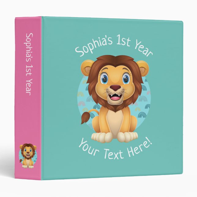 Baby's 1st Year, Cute Lion Cartoon, Teal 3 Ring Binder (Front/Spine)