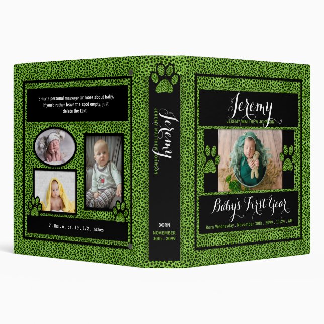 Baby's 1st Year Photo Scrapbook Green Cheetah 3 Ring Binder (Background)