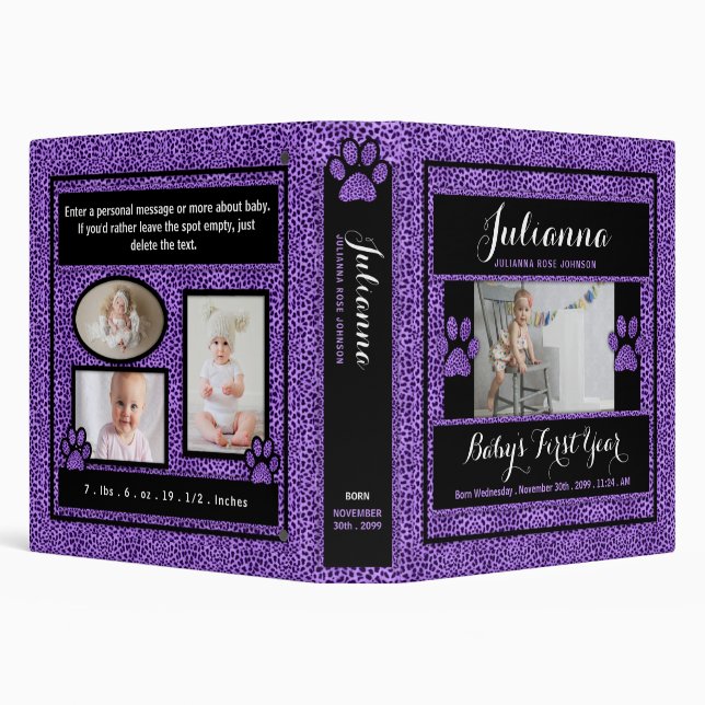 Baby's 1st Year Photo Scrapbook Purple Cheetah Binder (Background)