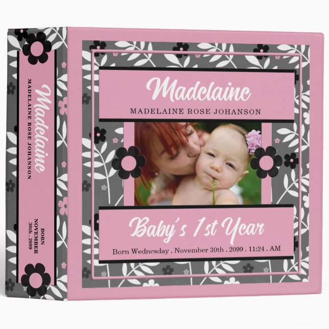 Baby's 1st Year Pink Black Gray Photo Scrapbook Binder (Front/Spine)