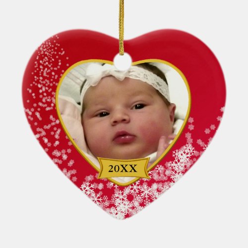 Babys 2 Sided Photo Keepsake Snowy Red Ceramic Ornament