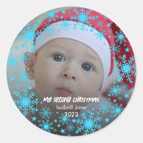 Babys 2nd Christmas Blue Snowflake  Classic Round Sticker