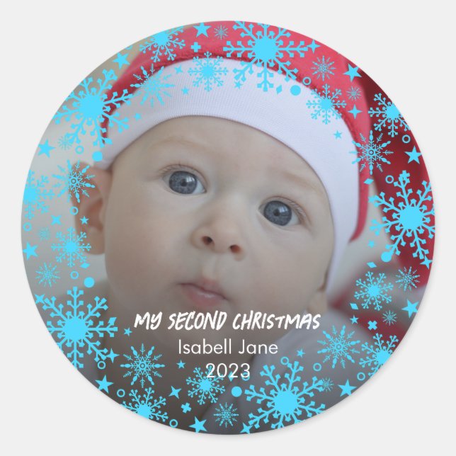 Baby's 2nd Christmas Blue Snowflake  Classic Round Sticker (Front)