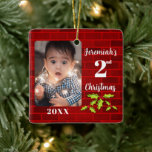 Baby's 2nd Christmas Red Brick Keepsake Ceramic Ornament<br><div class="desc">Celebrate your baby's 2nd Christmas with a keepsake ornament for your tree. This ceramic ornament is a great way to start a family tradition and provide a heritage gift for your child later in life. The background is a lovely brick pattern to bring the look of a fireplace to the...</div>