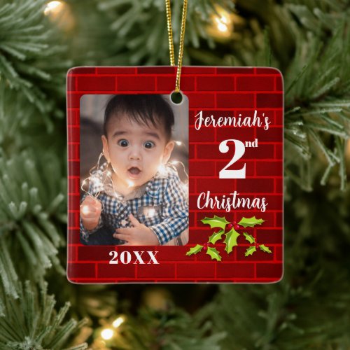 Babys 2nd Christmas Red Brick Keepsake Ceramic Ornament