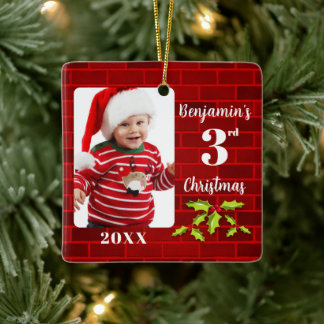 Baby's 3rd Christmas Red Brick Keepsake Ceramic Ornament
