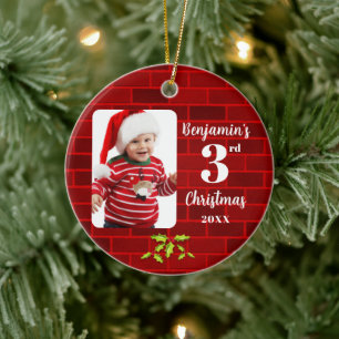 Baby's 3rd Christmas Red Brick Round Keepsake Ceramic Ornament