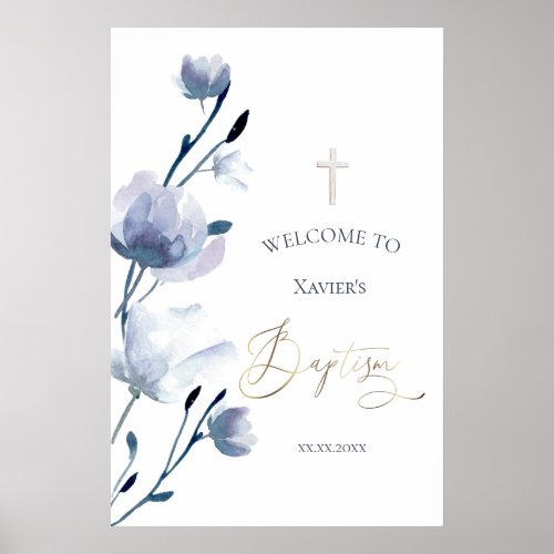 Babys Baptism blue watercolor welcome sign