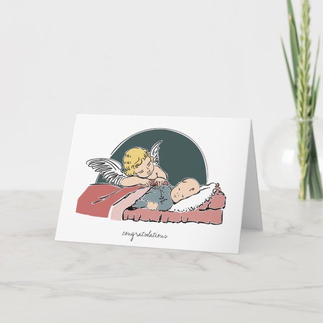 Baby's Baptism Greeting Card-Angel Tucking Baby In Card (Front)