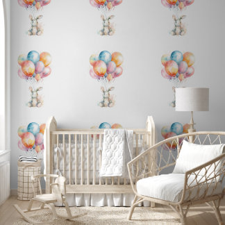 Babys Bedroom Rabbit Floating with Balloons Wallpaper