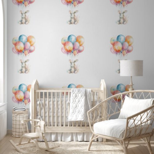 Babys Bedroom Rabbit Floating with Balloons Wallpaper