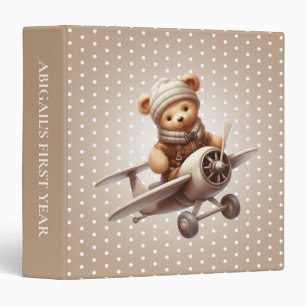 Baby's Beige Vintage Teddy Bear Pilot  3 Ring Binder