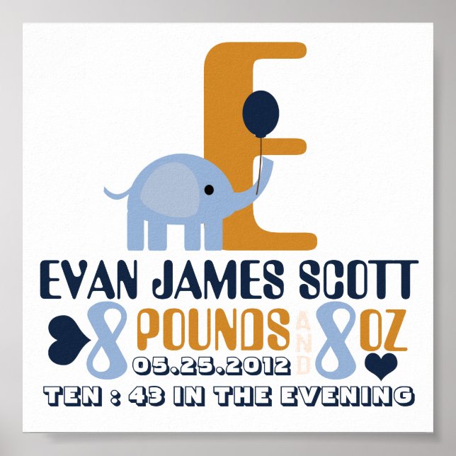 Baby's Birth Date Details;Nursery Art Poster (Front)